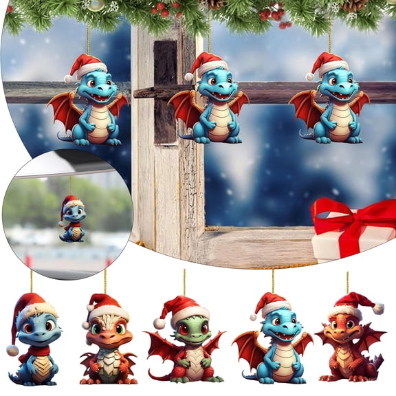 CoreLiving Christmas Dragon Ornaments for Tree, Set of Cute Cartoon Dragon Baby Decorations, 3.15 Inch Glossy Acrylic Holiday Decor for Indoor Home Xmas Gifts