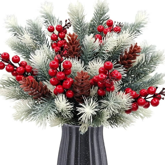 CoreLiving Christmas Fake Flowers, Artificial Winter Outdoor Faux Floral Plants with Pine Cone & Red Berry for Home Indoor Outside Table Decorations, Garland Wreath Arrangements