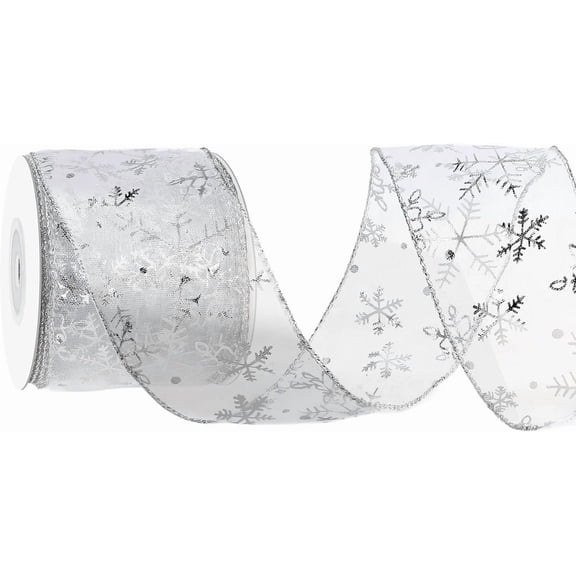 CoreLiving Christmas Ribbon Wired Silver Glitter Sheer Organza Snowflake Design for Tree Wreath Gift Wrapping Party Decoration 2.5 inch Wide