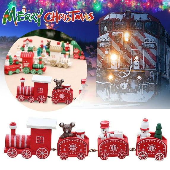CoreLiving Christmas Train Set, Xmas Train Decor for Tree & Village, Mini Wooden Train with Snowman Ornaments, Small Christmas Nick Nacks for Indoor Home Office Shelf Display