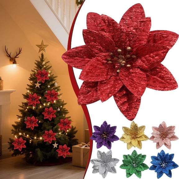 CoreLiving Classic Glitter Artificial 5.12 Inch Christmas Poinsettia Flowers for Holiday Tree Wreath Mantel Tabletop Centerpiece, Ruby Red, 1 Pack
