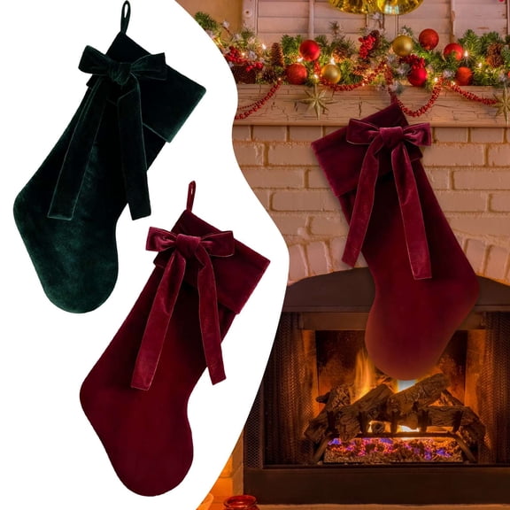 CoreLiving Classic Velvet Christmas Stocking with Oversized Bow, Elegant Holiday Fireplace Decor, Wine Red Hanging Ornament for Xmas Tree, 1 Pack