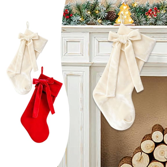 CoreLiving Cream Beige Velvet Christmas Stocking with Bow, Neutral Holiday Fireplace Decor, Soft Plush Xmas Tree Hanging Ornament for Presents, 1 Pack