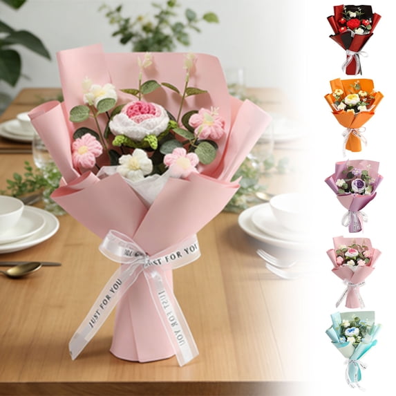 CoreLiving Crochet Flower Bouquet Handmade Artificial Knit Pink Roses and Tulips Set for Anniversary Birthday Valentines Day Romantic Gift for Her