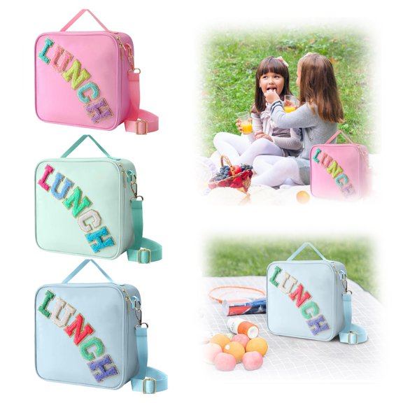 CoreLiving Customizable Insulated Lunch Tote for Women, Small Lunch Box Bag with Adjustable Strap, PU Waterproof Fabric & Monogrammed Chenille Letter, Reusable Cooler for Work