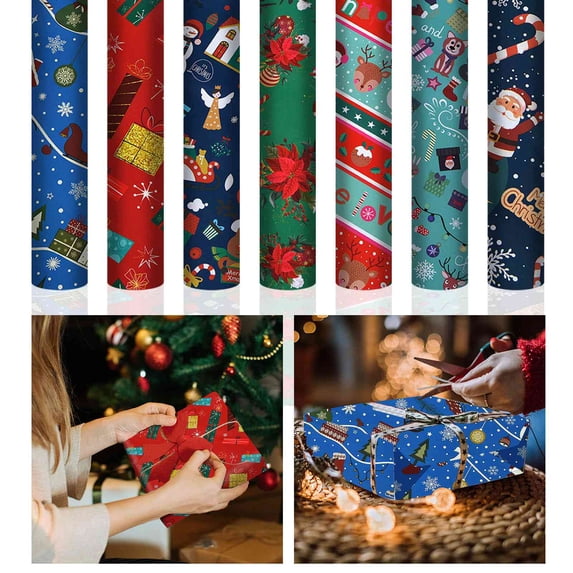 CoreLiving Cute Holiday Character Stripe Roll Wrapping Paper, Vibrant Red and Teal Design with Festive Words, Christmas Gift Wrap for Kids, 1 Roll