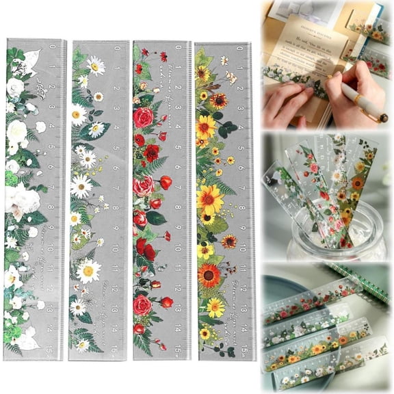 CoreLiving Cute Metric Ruler 6 Inch Plastic Clear Flower Design, No Imperial Scale Mini Measuring Tool, Small Transparent Straight Ruler for Drafting Sewing and General Measuring 1 Piece