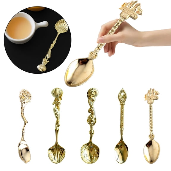 CoreLiving Decorative Coffee Spoons 5-Piece Set Gold Elegant Floral Design Small Stirring Spoons for Tea Dessert Sugar Ice Cream Serving in Home Kitchen Cafe or Bar Use