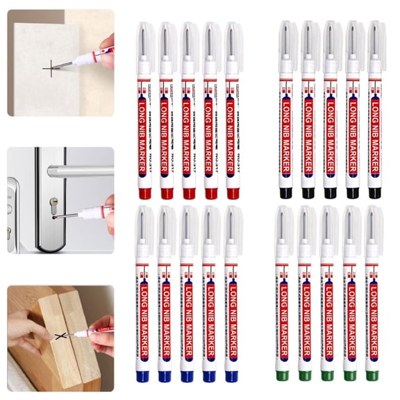 CoreLiving Deep Hole Marker Pens, 20mm Long Reach Fine Point Nib, Waterproof Permanent Paint Markers for Dark Metal Wood, Carpenter Marking Tool, Black Ink, 5 Pack