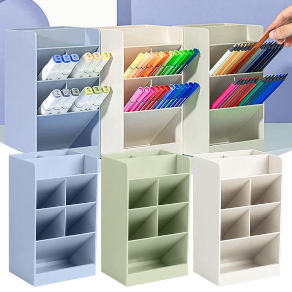 CoreLiving Desktop Organizer Slanted Pen Holder with 5 Compartments Large Capacity Pencil Storage for Office Supplies Desk Accessories Home Office Essentials Blue
