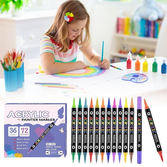CoreLiving Dual Tip Acrylic Paint Markers, 36 Count Art Supplies Kit with Fine Point and Brush Tip Pens for Stone, Ceramic, Glass, Canvas, Wood, Metal Rock Painting and Crafts