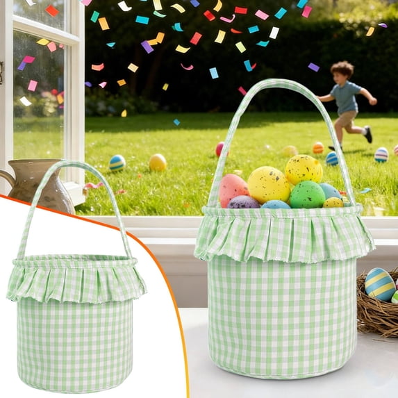 CoreLiving Easter Basket Gingham Fabric Picnic Basket with Handles for Egg Hunt, Candy Storage, Present Holder, Woven Style Small Basket for Spring Party Decor and Gift Giving