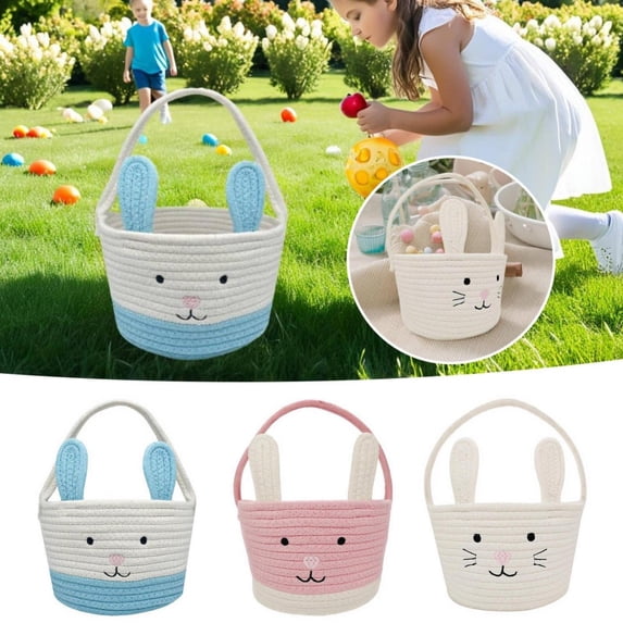 CoreLiving Easter Bunny Baskets with Handles Woven Tote Bags and Egg Buckets for Easter Egg Hunt Activities Baby Shower Gift for Boys Girls Toddler Infant