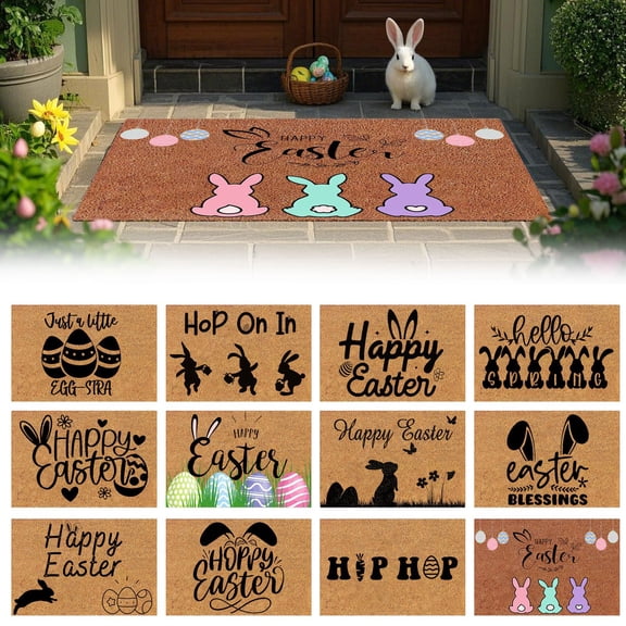 CoreLiving Easter Bunny Doormat Spring Rabbit Welcome Front Door Mat Non Slip Outdoor Rug Layered Floor Mat for Porch Entryway Indoor Home Decor Easter Decorations