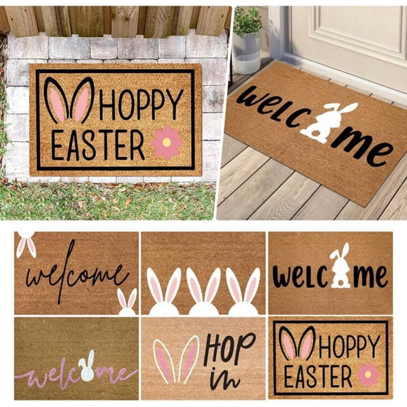 CoreLiving Easter Bunny Rabbit Doormat Non Slip Coir Spring Outdoor Mat for Front Door Cute Floral Easter Eggs Design Welcome Rug for Entryway Porch Indoor Use 16"x24"