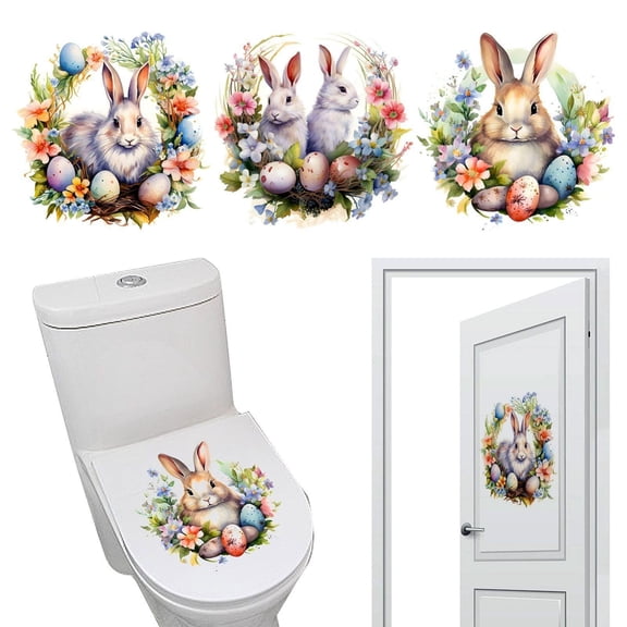 CoreLiving Easter Bunny Toilet Stickers Decals Floral Bird Nature Leaf Design Waterproof Vinyl for Bathroom Tank Lid Seat Cover and Cistern Wall Home Decor Accents