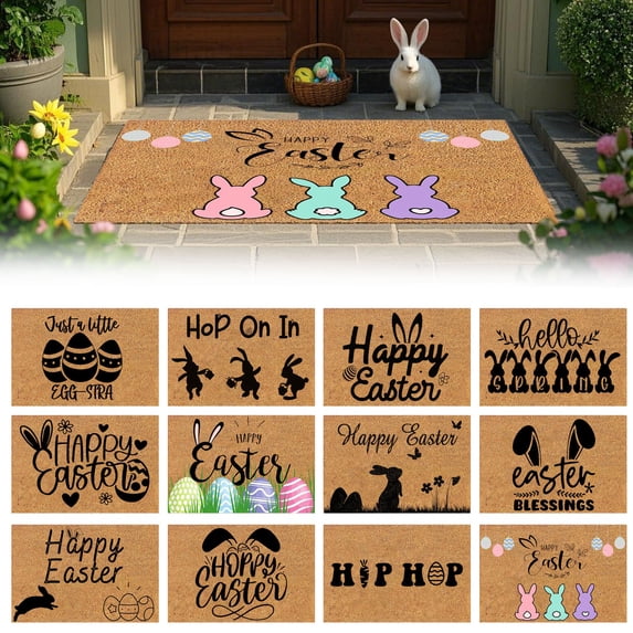 CoreLiving Easter Bunny Welcome Doormat Spring Rabbit Outdoor Rug Non Slip Front Door Mat for Porch Entryway Floor Home Easter Decorations Layered Design