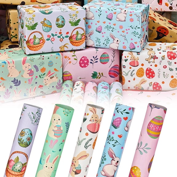 CoreLiving Easter Bunny Wrapping Paper Roll with Colorful Rabbit Chick and Easter Egg Spring Cute Floral Pattern for Birthday Baby Shower Girl Gift Wrap Party Decor