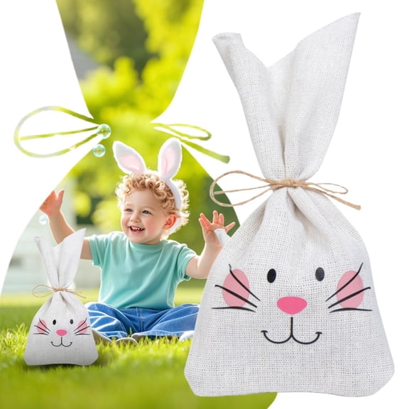 CoreLiving Easter Burlap Drawstring Gift Bags Bunny Birthday Party Favors Reusable Treat Holders with Rabbit Design for Some Bunny is One Celebration Garden Tea Supplies
