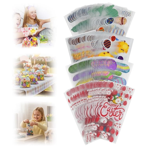 CoreLiving Easter Cellophane Treat Bags Plastic Clear Gift Bags with Handles for Candy Cookies Snack, 50 Count Assorted Designs for Spring Party Favors