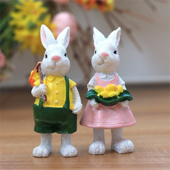 CoreLiving Easter Couple Bunny Decorations 2Pcs Resin Rabbit Figurines with Carrot and Egg Spring Tabletop Centerpieces Indoor Home Decor Holiday Party Accents Easter Gifts