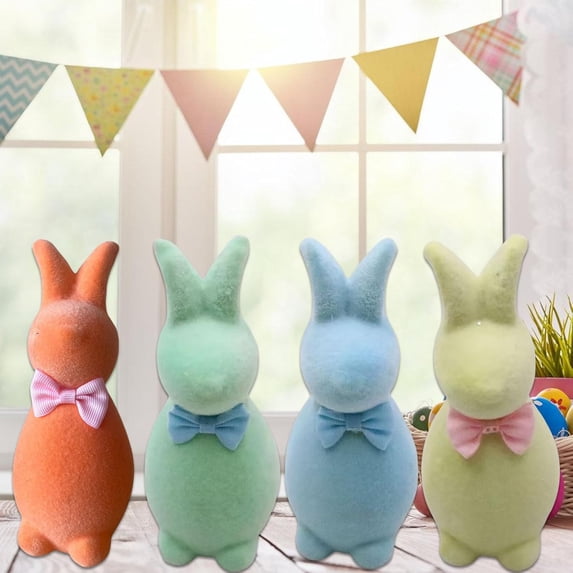 CoreLiving Easter Decorations Flocked Bunny Figurines with Bow Tie 5.9 Inch Spring Rabbit Statue for Home Office Table Mantel Centerpiece