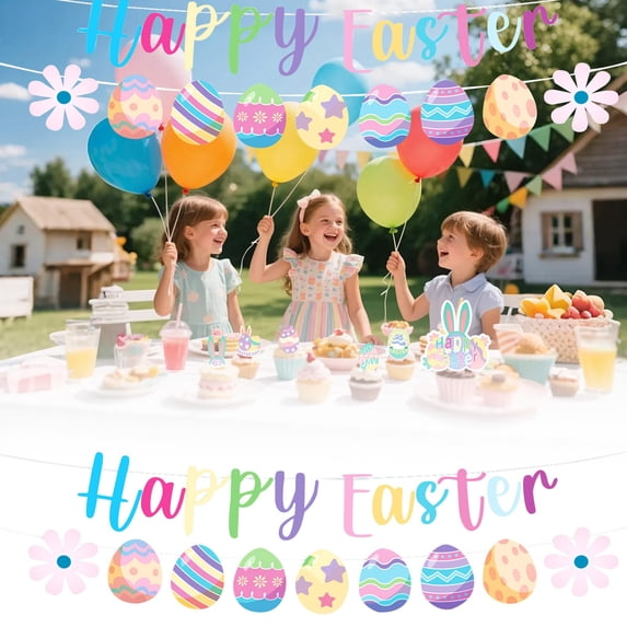 CoreLiving Easter Decorations Set, Happy Easter Banner Rabbit Backdrop Bunny Foil Balloons, Printed Latex Balloons Hanging Swirls Egg Garland Cake Topper for Home Indoor Office Spring Party