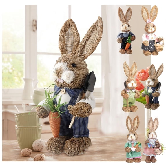 CoreLiving Easter Decorations Sisal Bunny Figurines with Carrot and Egg, Farmhouse Spring Straw Rabbit Couple, Table Centerpieces for Home Indoor
