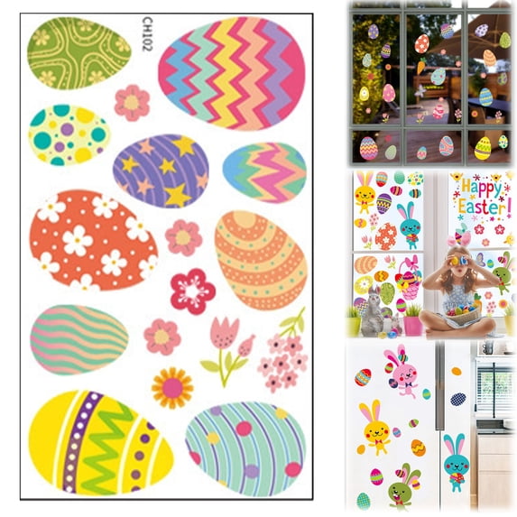 CoreLiving Easter Decorations Window Gel Clings Assorted Happy Easter Bunny Rabbit and Colorful Egg Patterns Spring Window Stickers for Glass Indoor Home Office Decorations