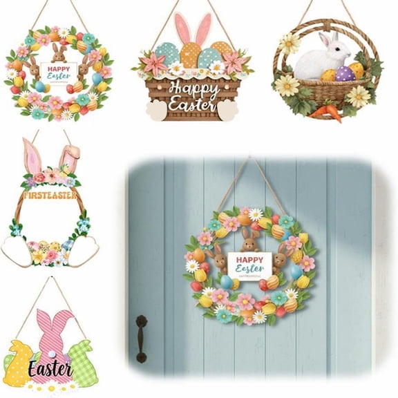 CoreLiving Easter Decorations Wooden Bunny Wreath, Spring Door Hanger with Hollow Rabbit Art, Happy Easter Sign for Home, Outdoor Porch Decor, Indoor Fireplace Mantle Wall Art
