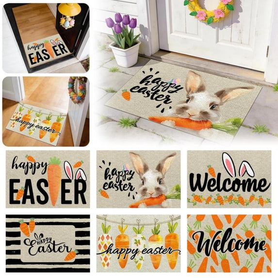 CoreLiving Easter Door Mat Spring Welcome Bunny Rabbit Doormat, Non Slip Indoor Entrance Mat, Heavy Duty Outdoor Rug for Patio Porch Front Door Decor 16"x24"