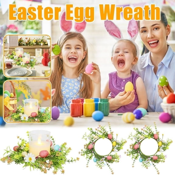 CoreLiving Easter Egg Candle Rings Wreath with Daisy Flower Spring Egg and Pastel Pip Berry Candle Rings Holder Wreaths 4" Center for Holiday Home Kitchen Cabinet Table Centerpiece Decor