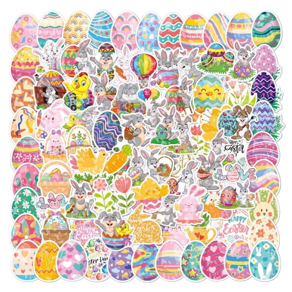 CoreLiving Easter Egg Stickers 100 Pieces Cute Bunny Vinyl Decals for Easter Basket Stuffers Party Favors Easter Egg Fillers Bulk DIY Craft Supplies Reusable Durable Easter Decorations