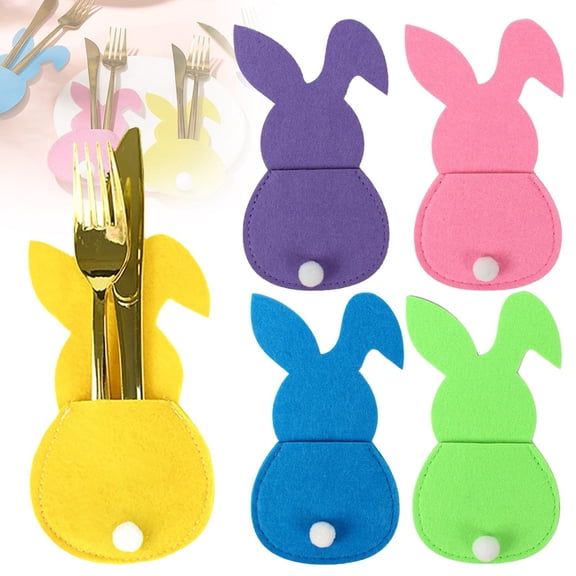 CoreLiving Easter Felt Bunny Cutlery Holder Set Decorative Rabbit Shaped Utensil Bags Silverware Pouches for Knife and Fork Covers Spring Table Centerpieces, 4 Pieces