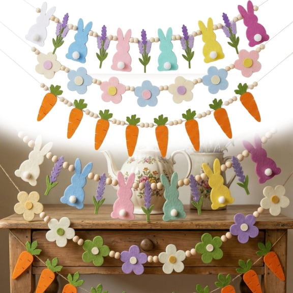 CoreLiving Easter Felt Garland for Mantle Spring Bunny Decor with Carrot Large Rabbit Wooden Beads Rustic Happy Easter Banner for Fireplace Door Wall Tree Party Decorations