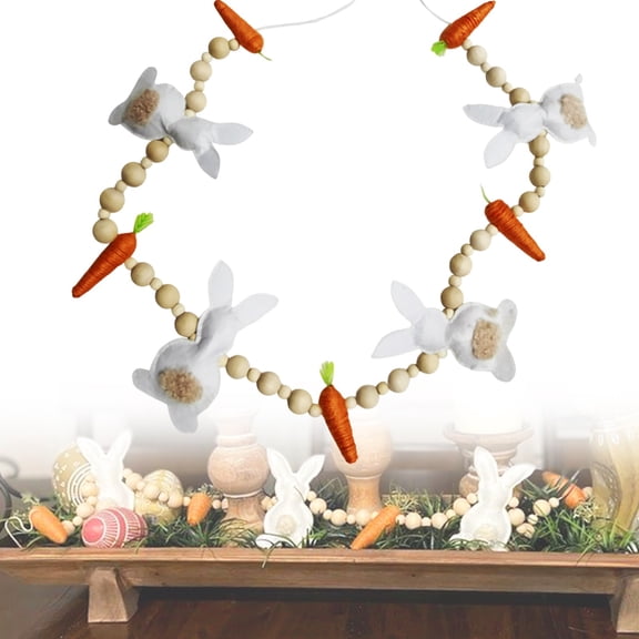 CoreLiving Easter Garland with Bunnies and Carrots, Felt Rustic Bunny Garland for Spring Decor, Wooden Bead Accents, Banner for Mantle Fireplace Wall Window Tiered Tray Indoor Home Decor