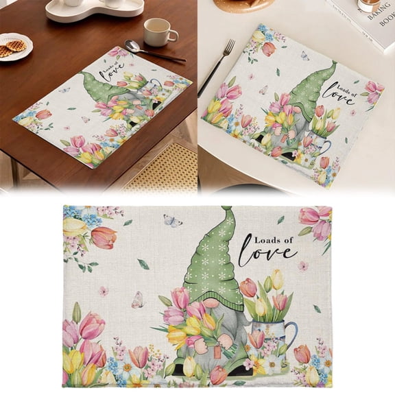 CoreLiving Easter Placemats Set of 4 12x18 Inch Washable Cloth Placemats, Rustic Vintage Spring Gnome Flower Easter Eggs Tulip Design Dining Table Mats for Farmhouse Kitchen Home Decor