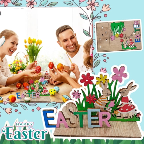 CoreLiving Easter Table Decorations Wooden Bunny Tiered Tray Decor Set Happy Easter Sign Rabbit Centerpiece for Spring Home Kitchen Shelf Office Farmhouse Decor