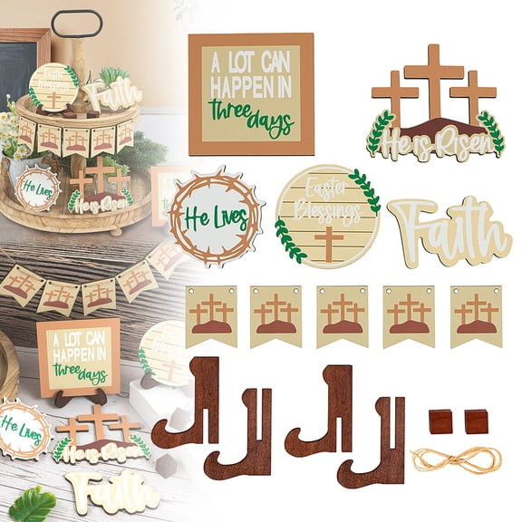 CoreLiving Easter Tiered Tray Decor Farmhouse Ornaments Set with He Is Risen Cross Eggs Wooden Signs Religious Rustic Spring Decorations for Home Church Table Shelf Mantel