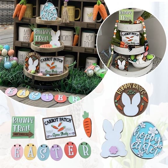 CoreLiving Easter Tiered Tray Decor Set 12-Piece Wooden He Is Risen Cross Religious Spring Table Farmhouse Vintage Decorations for Home Kitchen Mantel Centerpieces