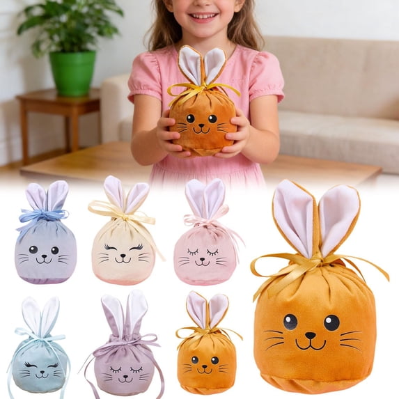 CoreLiving Easter Treat Bags Bulk Soft Plush Velvet with Rabbit Ear Design Drawstring Closure 4.3 Inch Mini Gift Pouches for Candy Goodie Holders Party Favors