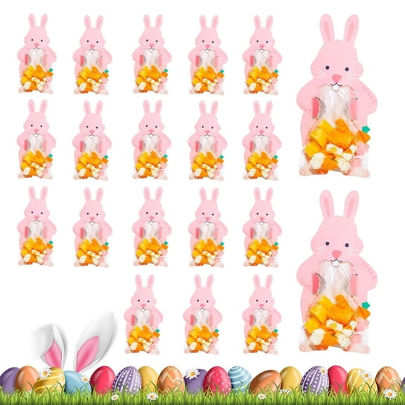CoreLiving Easter Treat Bags with Cards, 20-Pack Clear Self-Adhesive Cellophane Goodie Bags with Pink Bunny Greeting Cards and Transparent Stickers for Candy Cookies Party Favors