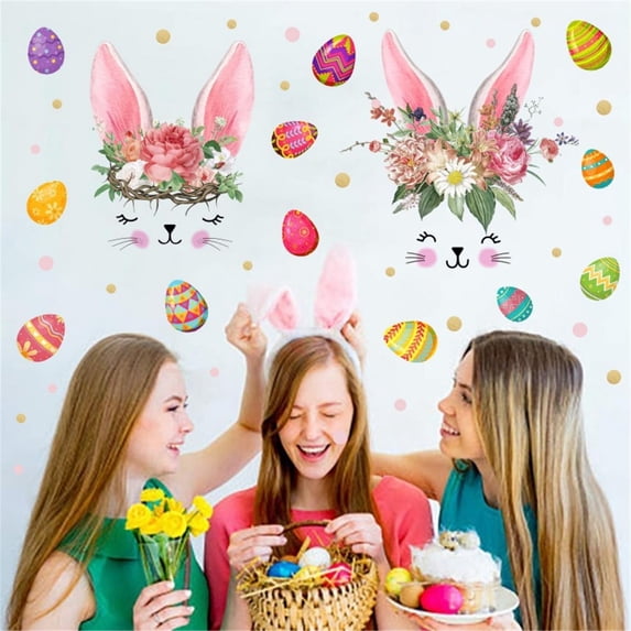 CoreLiving Easter Window Stickers Oil Painting Happy Bunny Eggs Spring Decorations for Indoor Glass Windows Home Office Holiday Party Supplies Gift Ideas