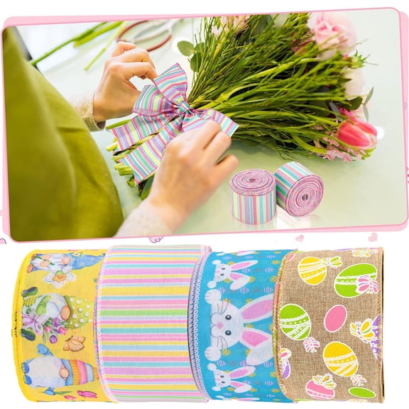 CoreLiving Easter Wired Burlap Ribbon, 2.5 Inch x 5.5 Yards Natural Floral Eggs Spring Wired Edge Ribbon for Wreath Making, DIY Craft, Gift Wrapping