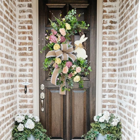 CoreLiving Easter Wreath Spring Floral Egg Bunny Wreath for Front Door Outdoor Easter Decorations Hanging Wall Decor Artificial Flower Vine Door Hanger