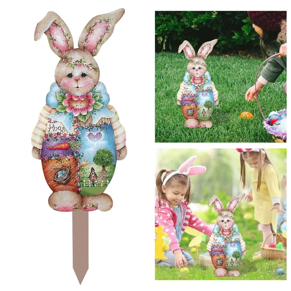 CoreLiving Easter Yard Decor Vintage Metal Rabbit Shaped Planter Garden Stake Set Farmhouse Rustic Outdoor Decorations with Carrot and Eggs for Lawn Front Porch Walkway Spring Display