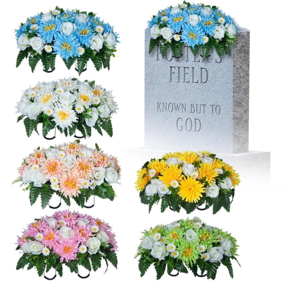 CoreLiving Fake Flowers for Cemetery Realistic Memorial Day Grave Flowers UV Resistant Silk Rose Daisy Fern Sunflower Saddle for Outdoor Headstone Use