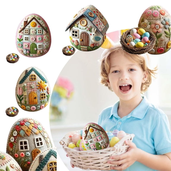 CoreLiving Felt Easter Egg House DIY All-Inclusive Craft Kit Hand-Embroidered Set with Bunny & Chick Patterns for Hanging Ornaments Easter Tree Decorations Spring Home Décor Accessories