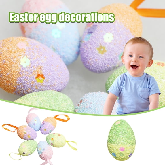 CoreLiving Festive Tinsel Easter Egg Ornaments, Glitter Foam Hanging Eggs for Easter Tree Decorations, Spring Home Indoor Party DIY Craft Decor, 6PCS