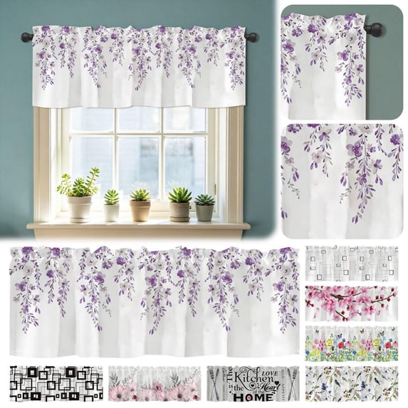 CoreLiving Floral Window Valance Wisteria Watercolor Print Light Filtering Short Curtain for Kitchen Bathroom Small Window Treatment 1 Panel